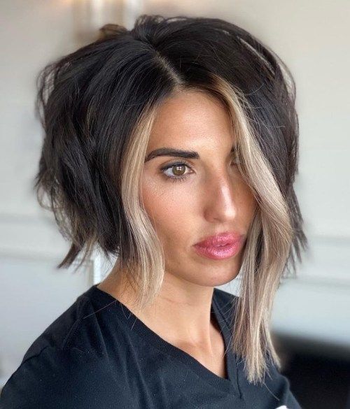 Dark Brown With Blonde Money Piece Bob — Asymmetrical Bob