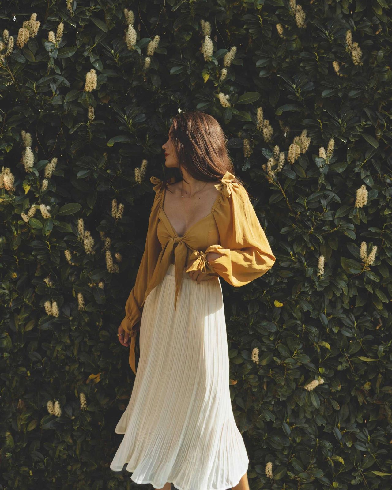 Yellow Tie-Front Blouse with Pleated Skirt — Garden Party Outfits