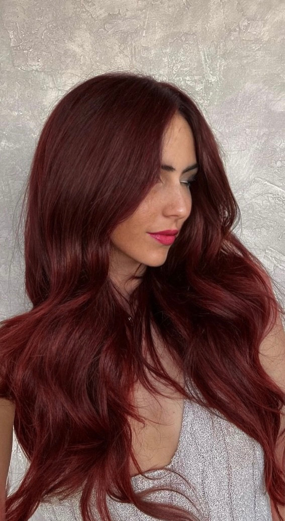 Collarbone Waves with Side-Swept Bangs Collarbone Waves with Side-Swept Bangs — Maroon Hair