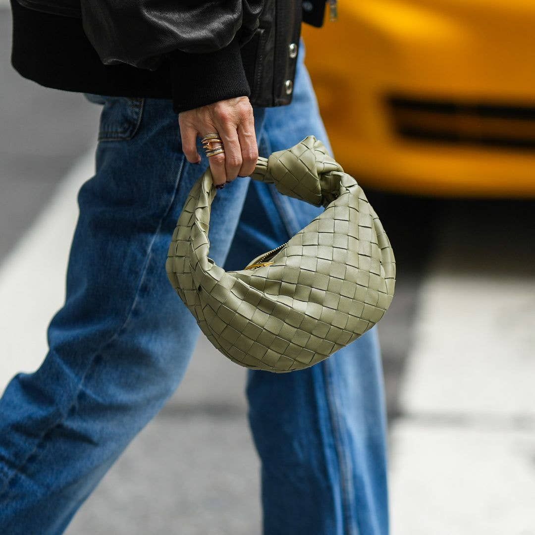 Textured Olive Green Woven Bag with Denim and a Black Jacket Textured Olive Green Woven Bag with Denim and a Black Jacket — Bottega Veneta Bag Outfits