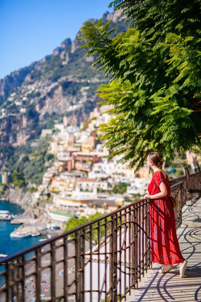 Red Printed Midi Dress for Positano Sightseeing — Amalfi Coast Outfits