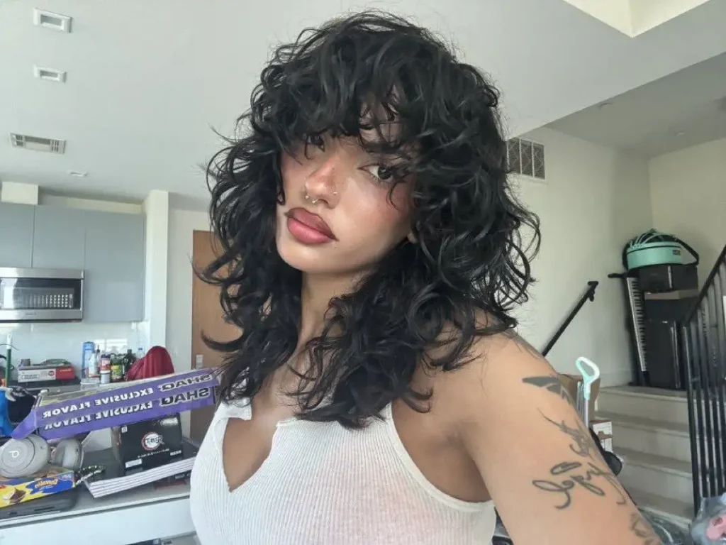 Collarbone Thick Black Full Bangs — Curly Wolf Cut