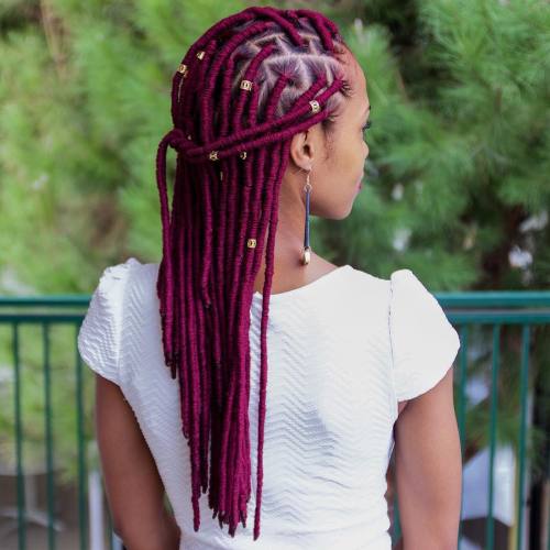 Deep Red Faux Locs Updo With Braids