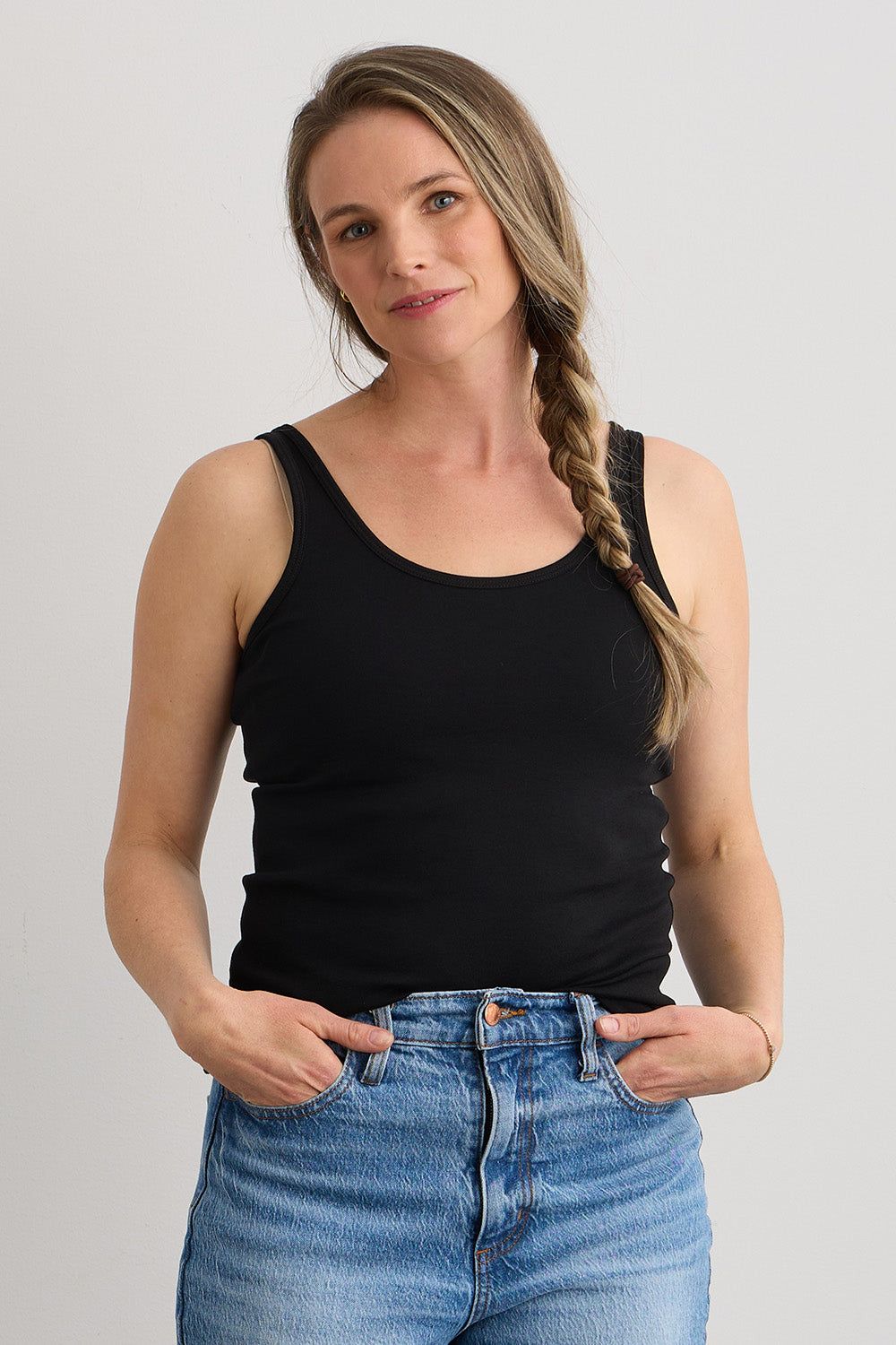 Timeless Casual: Black Cotton Tank with Denim Jeans — Tank Tops