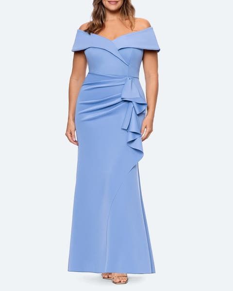 Periwinkle Blue Column Gown with Dramatic Ruffle — Plus Size Dresses
