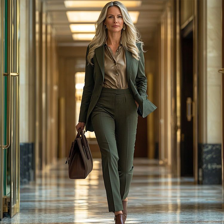 Elegant Olive Green Pantsuit with Satin Blouse for Court Elegant Olive Green Pantsuit with Satin Blouse for Court — Court Outfits