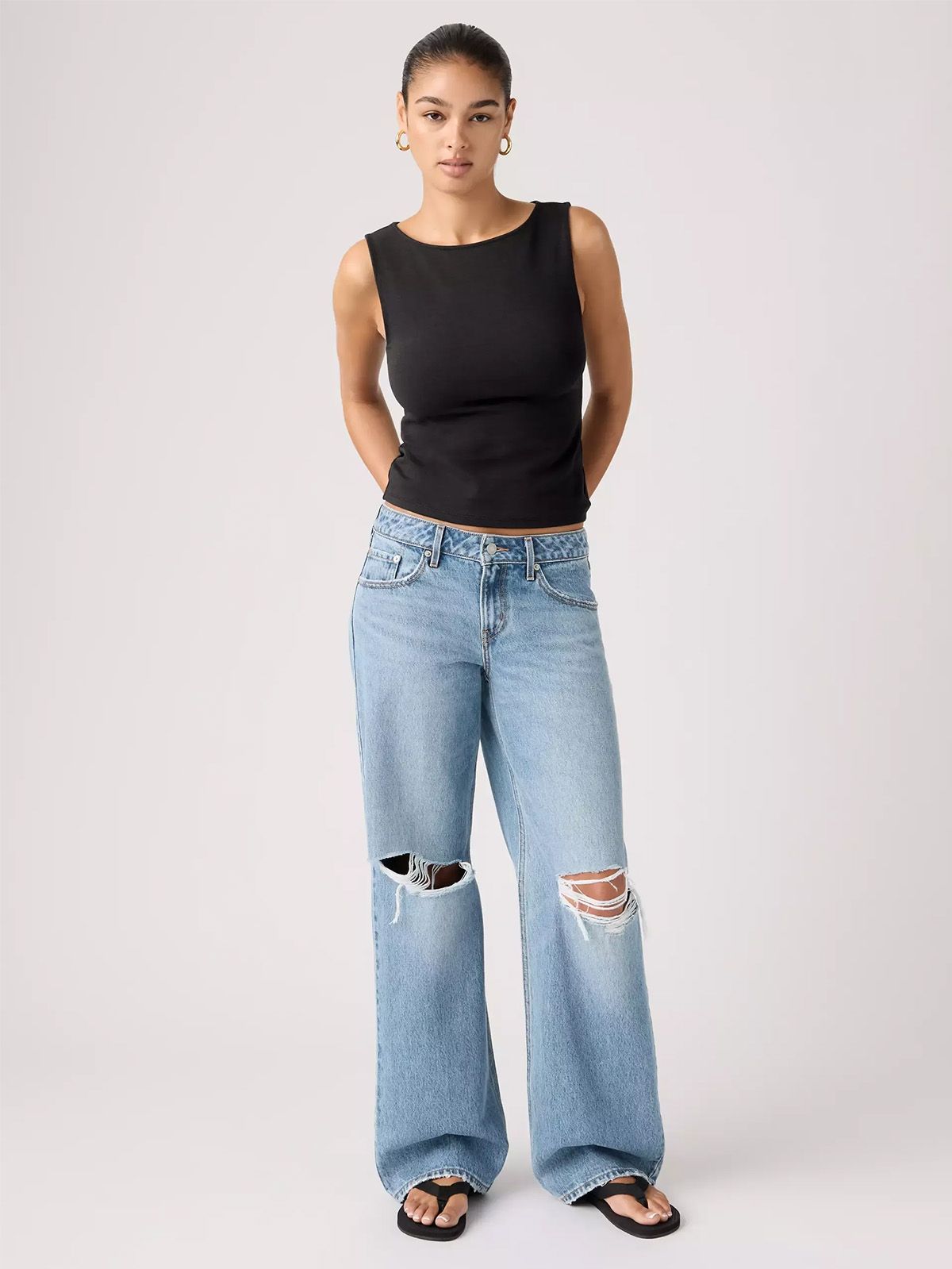 Casual Wide-Leg Ripped Jeans with Sleeveless Top