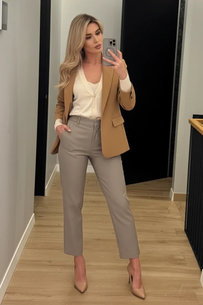 Camel Blazer Over Cardigan with Grey Trousers Camel Blazer Over Cardigan with Grey Trousers — Corporate Baddie Outfits