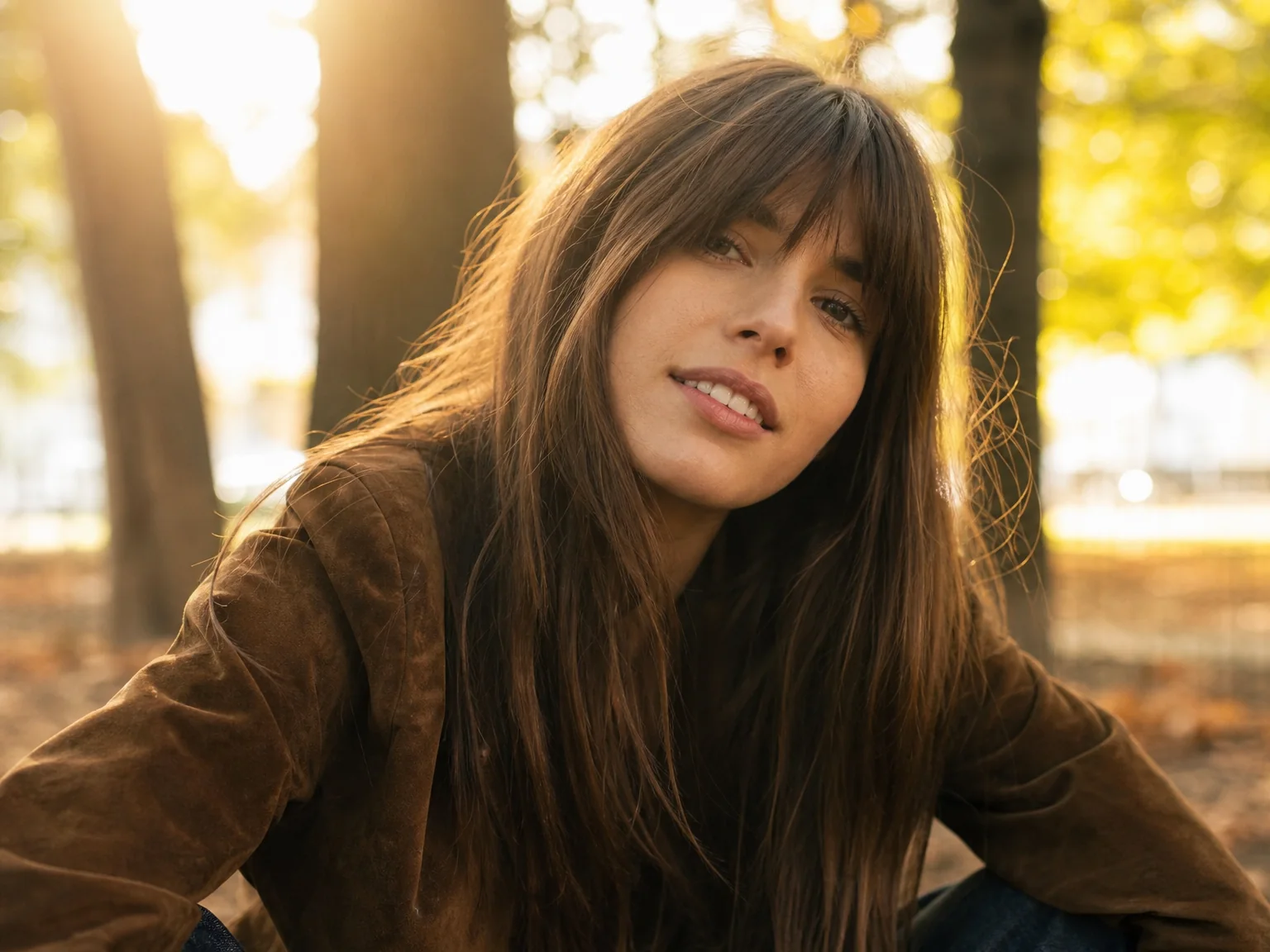 Golden Hour Glow: Birkin Bangs with a Suede Jacket Golden Hour Glow: Birkin Bangs with a Suede Jacket