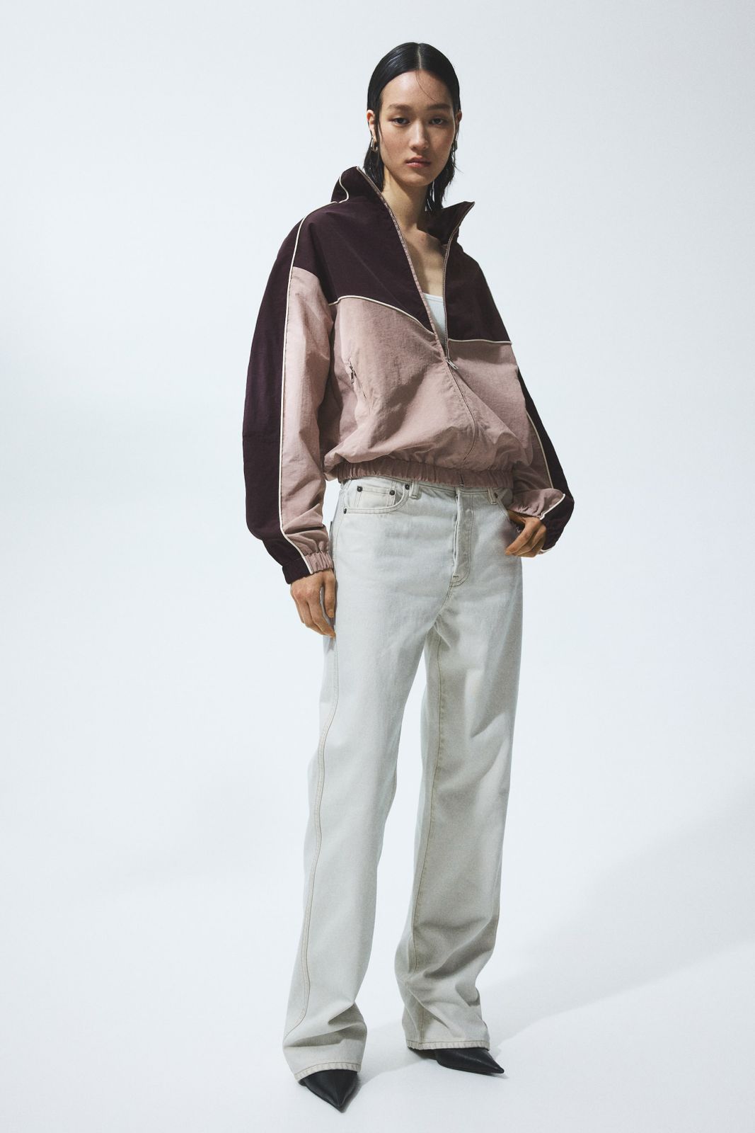 Color-Blocked Track Jacket with Wide-Leg Jeans — Track Jacket Outfits
