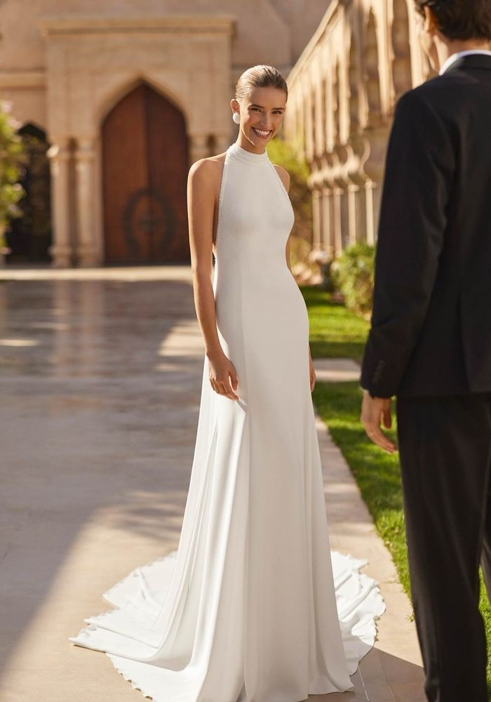 White Crepe Halter Wedding Dress with A-Line Skirt White Crepe Halter Wedding Dress with A-Line Skirt — Backless Dresses