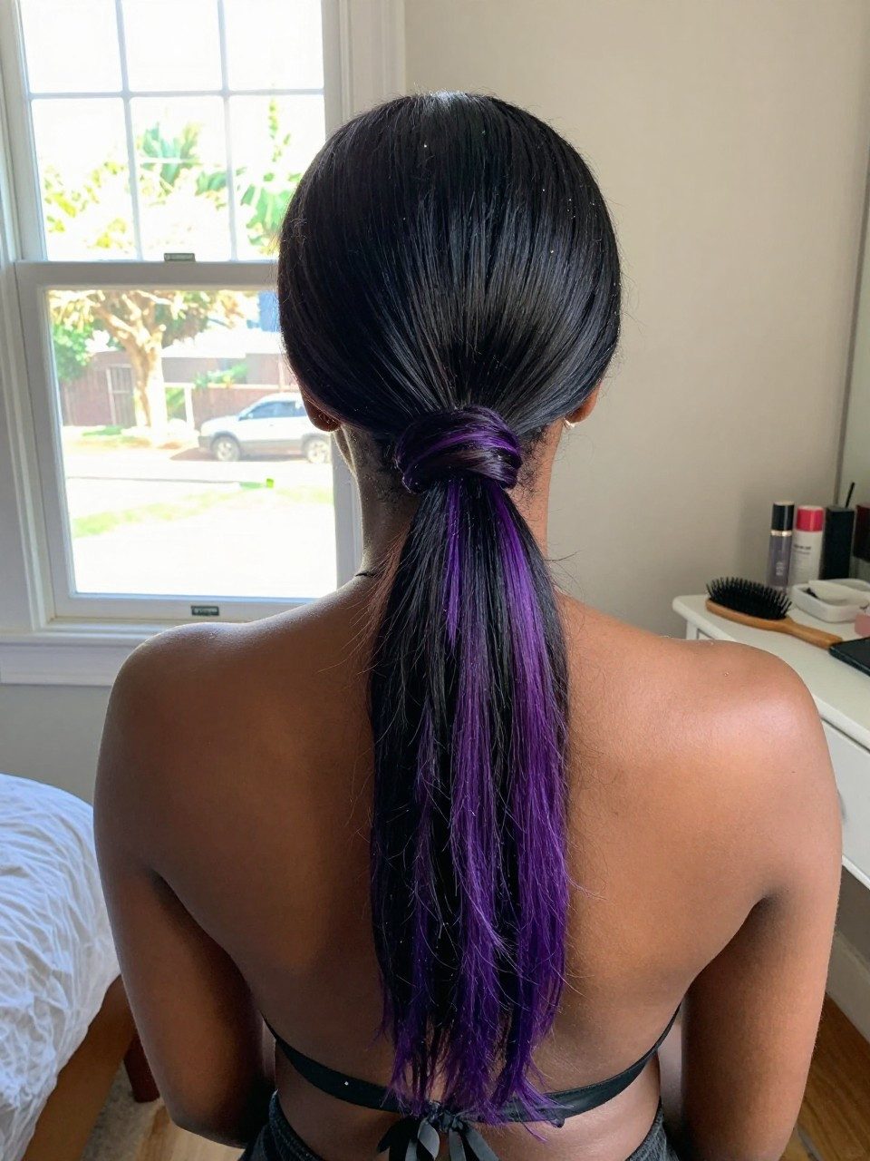 Purple Accent in a Sleek Ponytail Purple Accent in a Sleek Ponytail — Purple Highlights on Black Hair