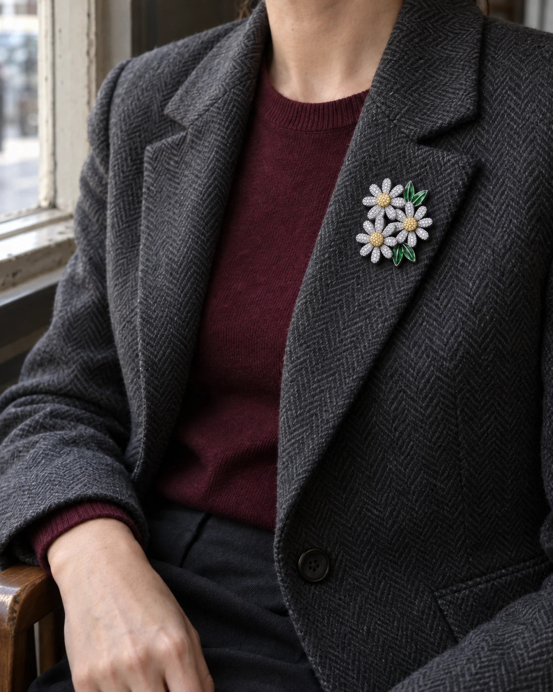 Herringbone Blazer with a Daisy Lapel Brooch Herringbone Blazer with a Daisy Lapel Brooch — Brooch Outfits