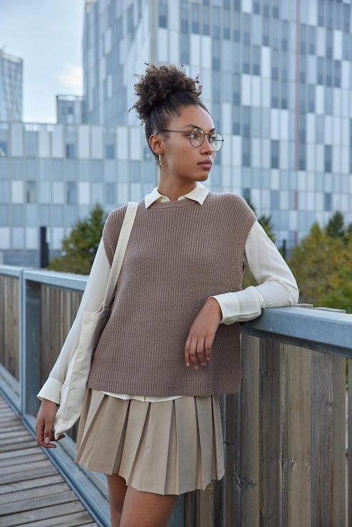 Cream Shirt with Brown Knit Vest and Beige Skirt Cream Shirt with Brown Knit Vest and Beige Skirt — Utilitarian Outfits