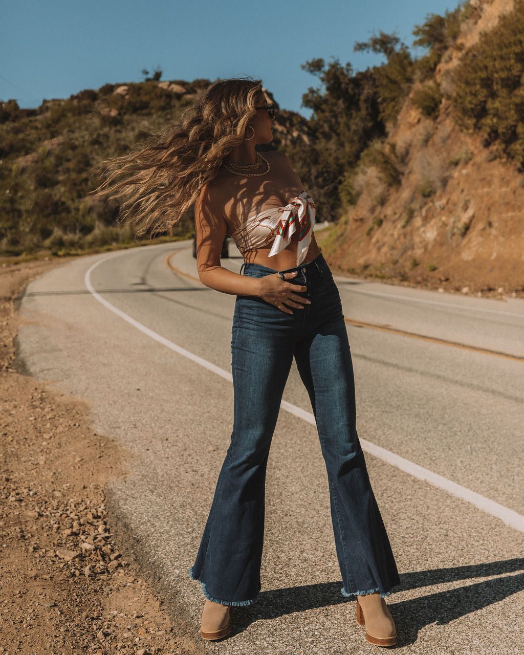 Frayed Hem Flares with a Printed Scarf Top — Flare Jeans