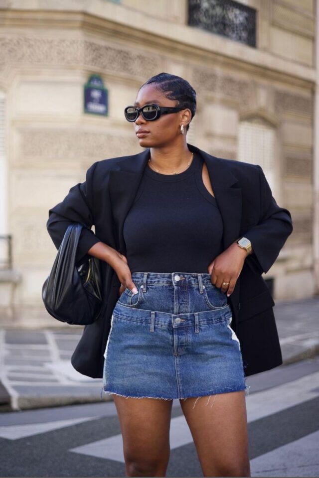 Denim Mini Skirt with Double Waistband Detail Denim Mini Skirt with Double Waistband Detail — Mini Skirts