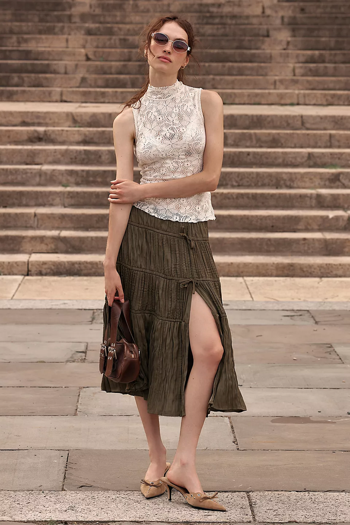 Olive Green Tiered Midi Skirt with a Lace Top — Midi Skirt Outfits