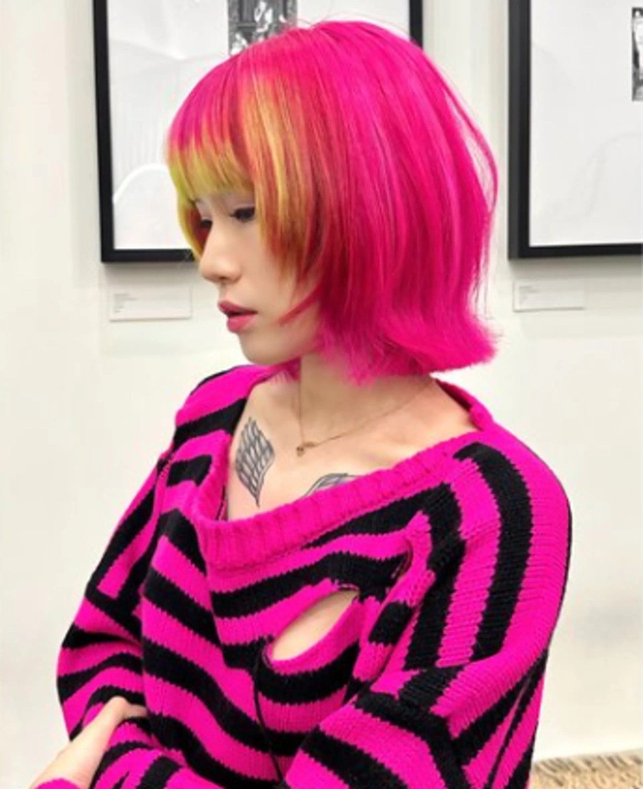 Hot Pink Bob With Yellow Streaks — Hot Pink Hair