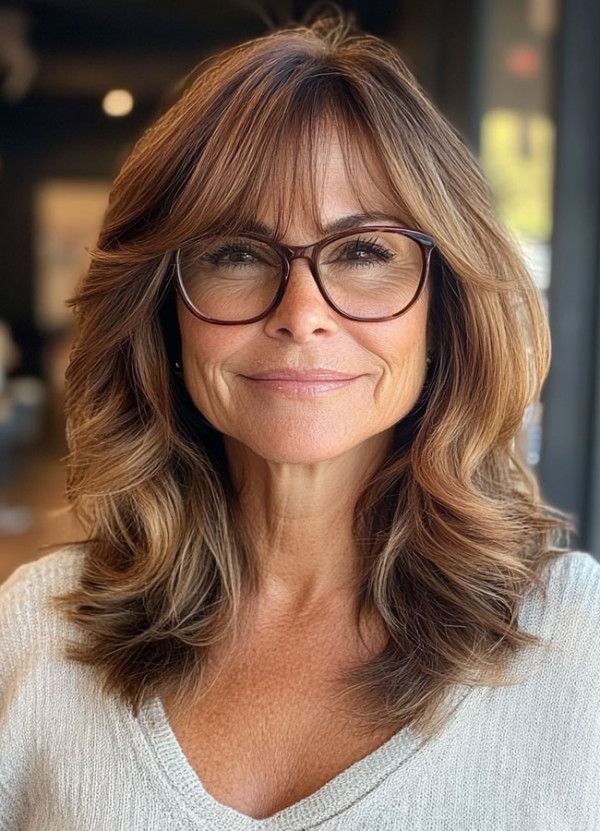 20 Medium-Length Haircuts for Over 60 with Glasses : Soft Layers and Subtle Highlights