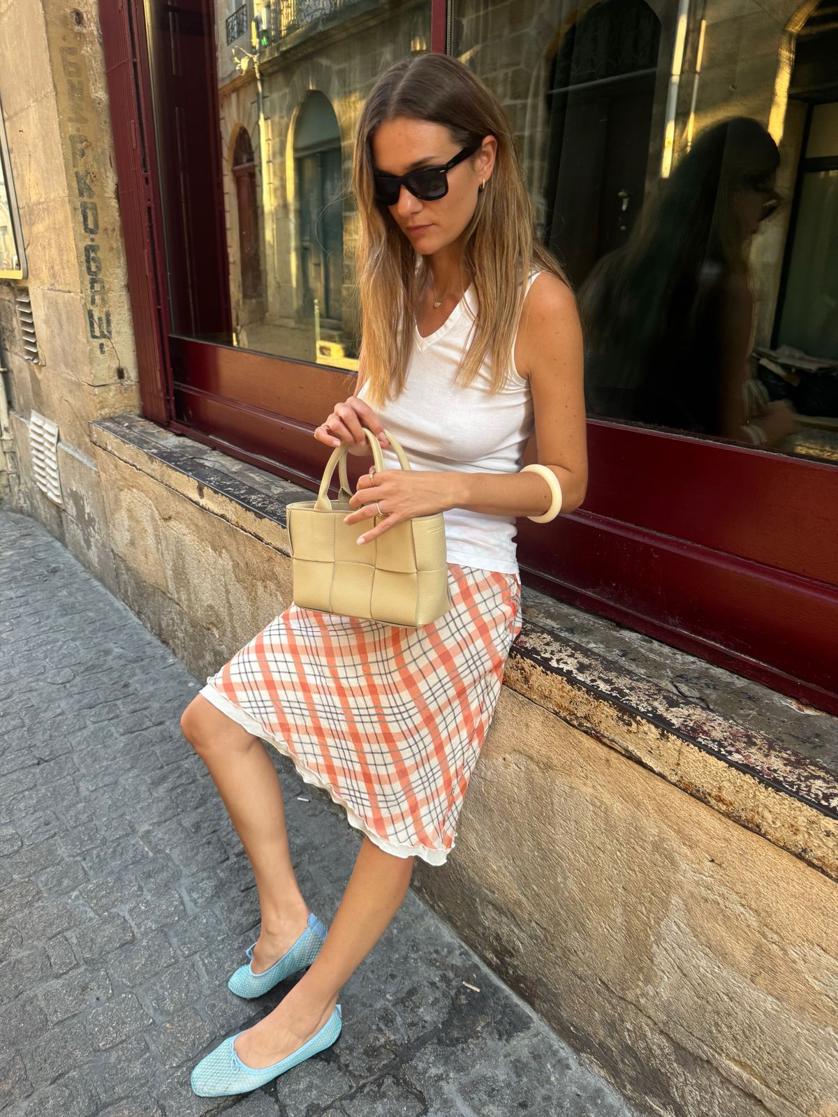 Orange Plaid Cotton Midi Skirt for Summer Casual Orange Plaid Cotton Midi Skirt for Summer Casual — Plaid Skirts
