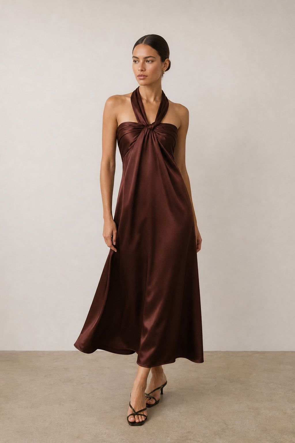 Deep Brown Satin Halter Neck Midi Dress: Twisted Neckline — Date Party Dresses