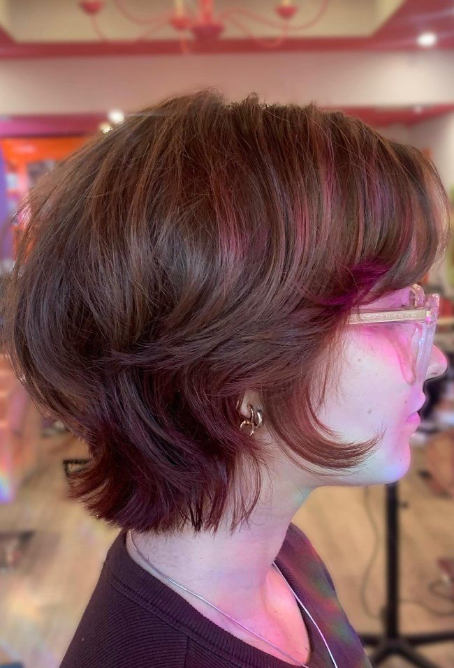 Reddish-Brown Layered Bob with Curtain Bangs Reddish-Brown Layered Bob with Curtain Bangs — Bob for Thick Hair