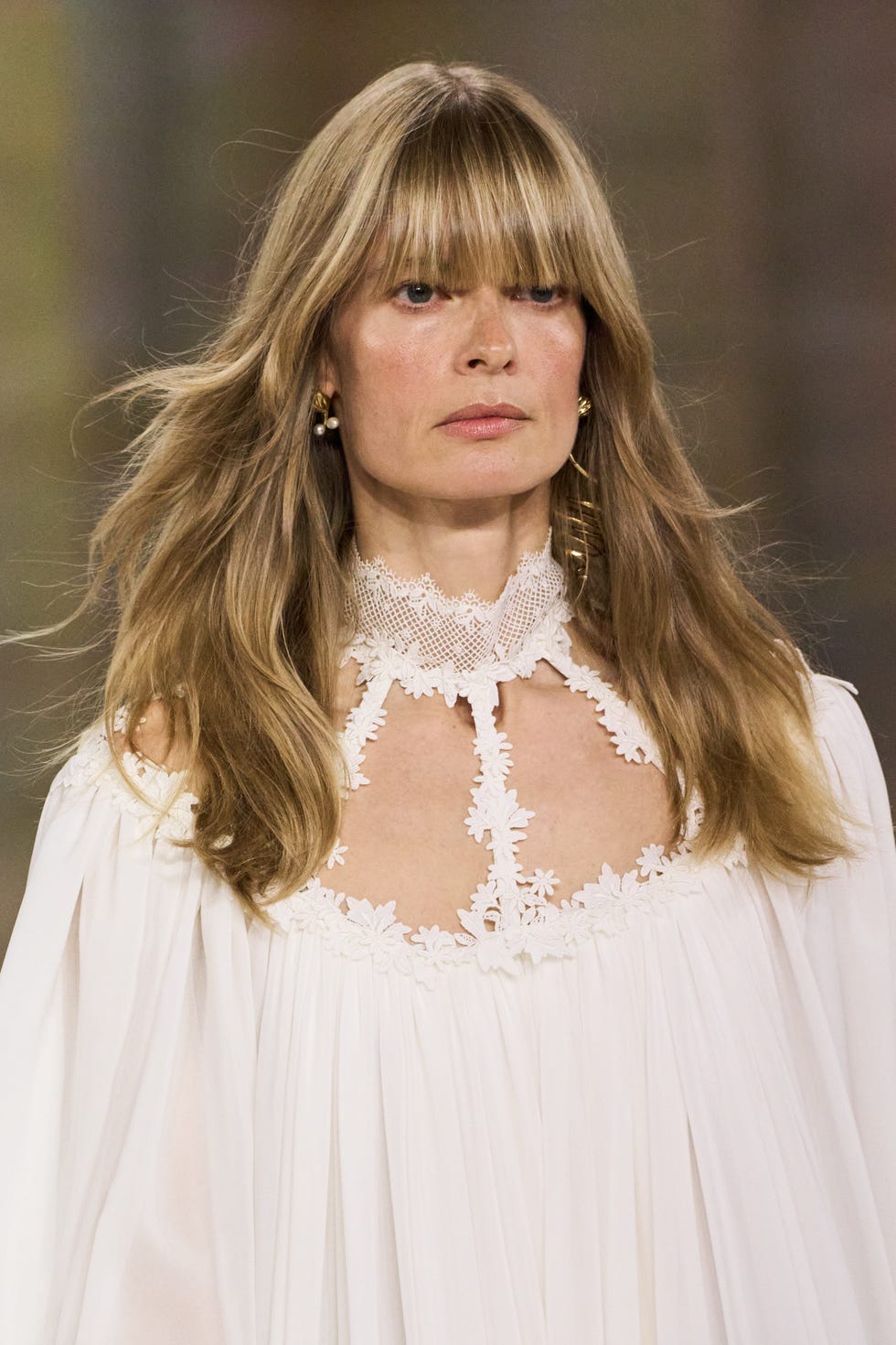 Lace Detail: Birkin Bangs with a White High-Neck Top Lace Detail: Birkin Bangs with a White High-Neck Top