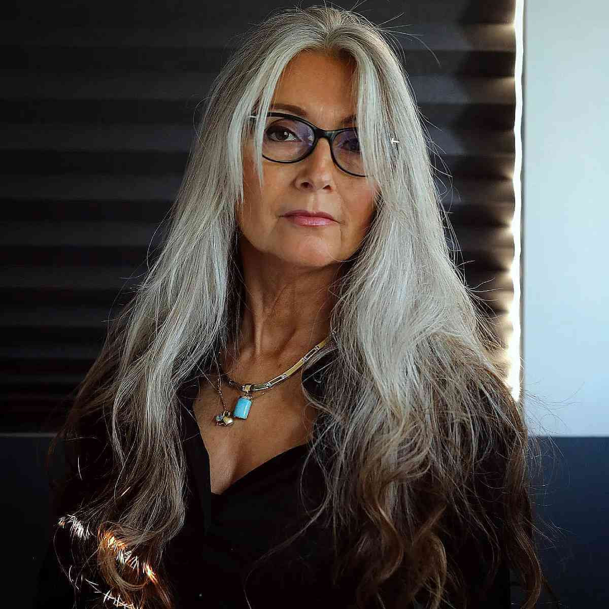Long Wavy Grey Hair — Haircuts with Glasses