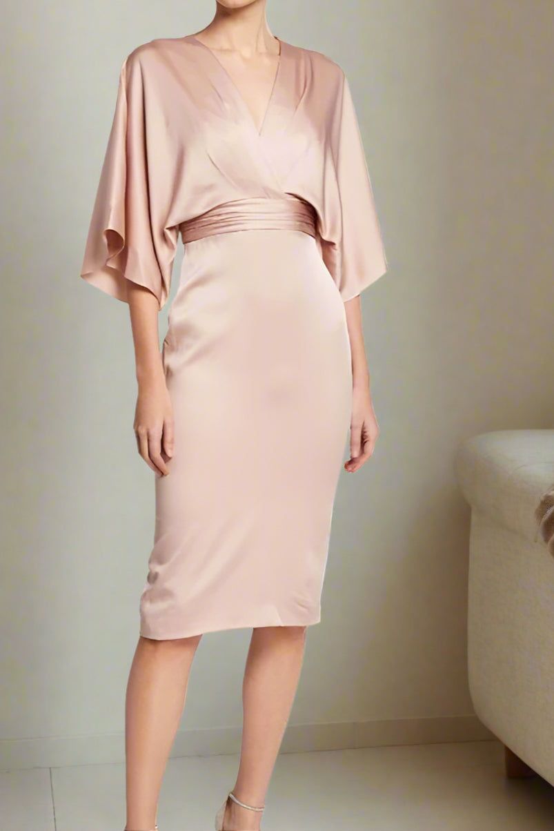 Blush Pink Satin Wrap Sheath Dress for Wedding Guests — Knee Length Dresses