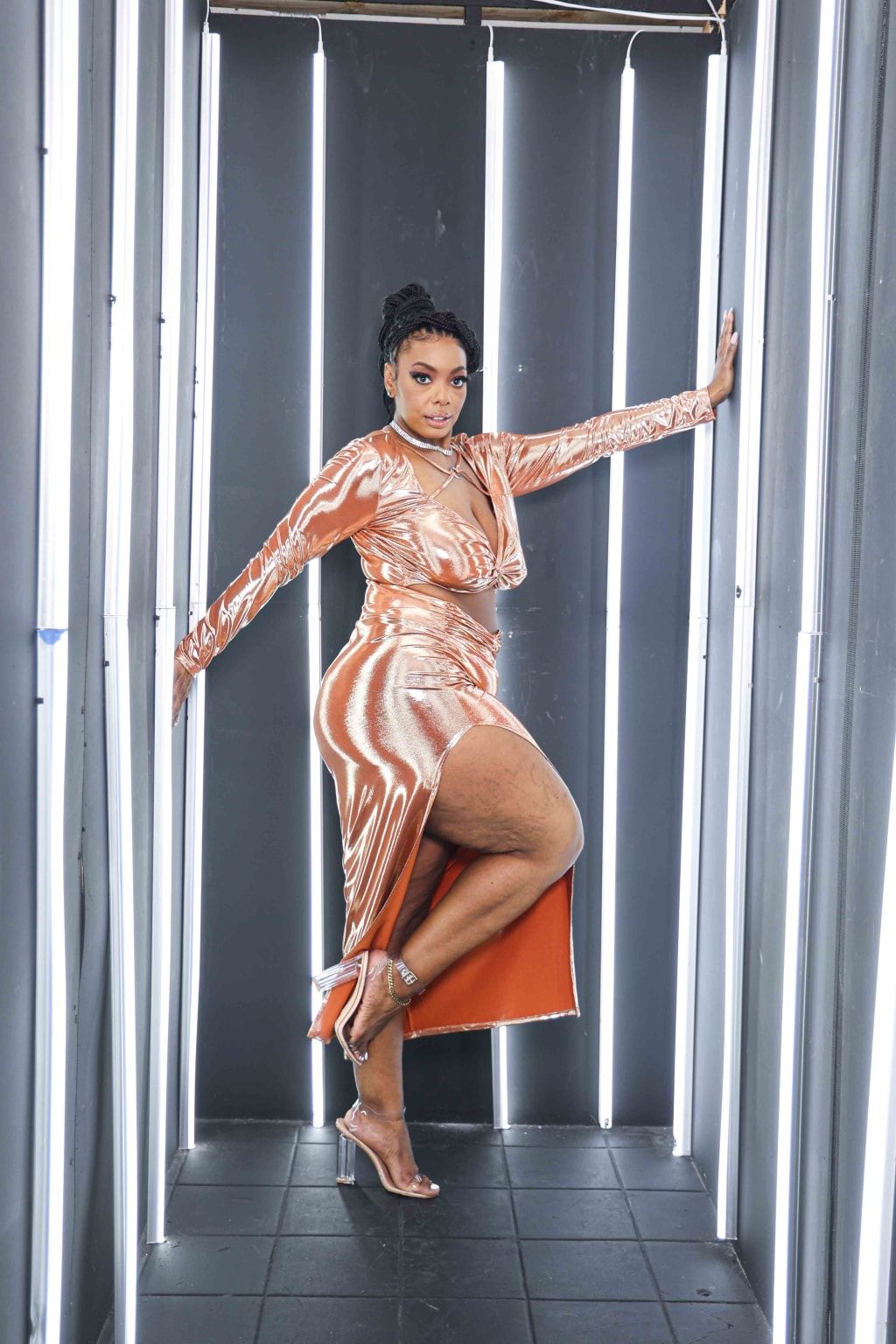 Rose Gold Metallic Two-Piece Set with High-Slit Skirt Rose Gold Metallic Two-Piece Set with High-Slit Skirt — Club Dresses