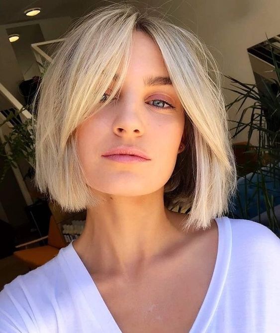 Chin Length Bob With Side-Swept Bangs — Hairstyles for Growing Out Bangs