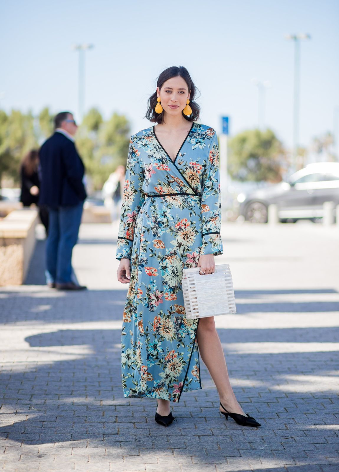 Daytime Event Summer Party Maxi Wrap Dress with Bold Floral Print and Black Trim — Wrap Dress Outfits