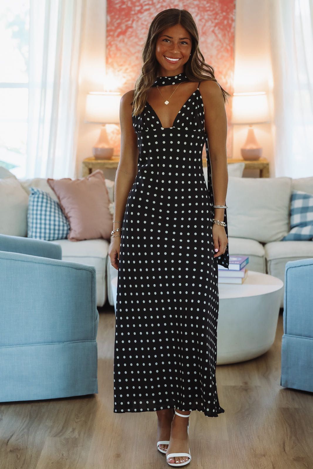 Maxi Dress with Neck Scarf Detail for Casual Summer Maxi Dress with Neck Scarf Detail for Casual Summer — Polka Dot Dresses
