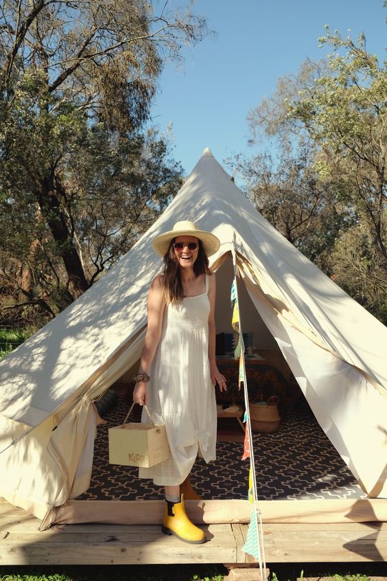 Unexpected Pop: White Dress with Yellow Rain Boots — Glamping Outfits