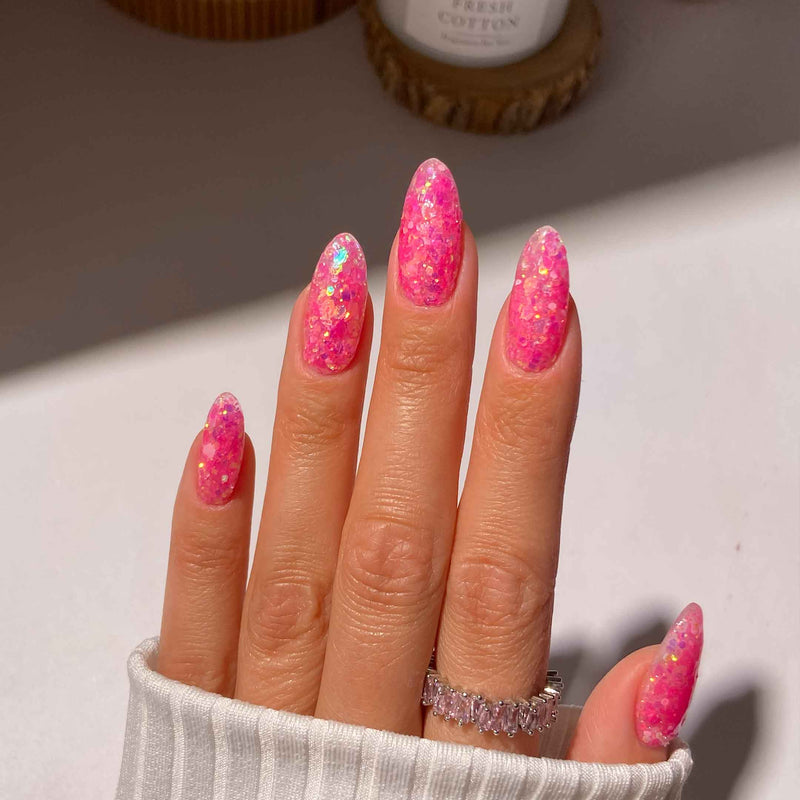 Chunky Pink Glitter Almond Nails — Hot Pink Nails