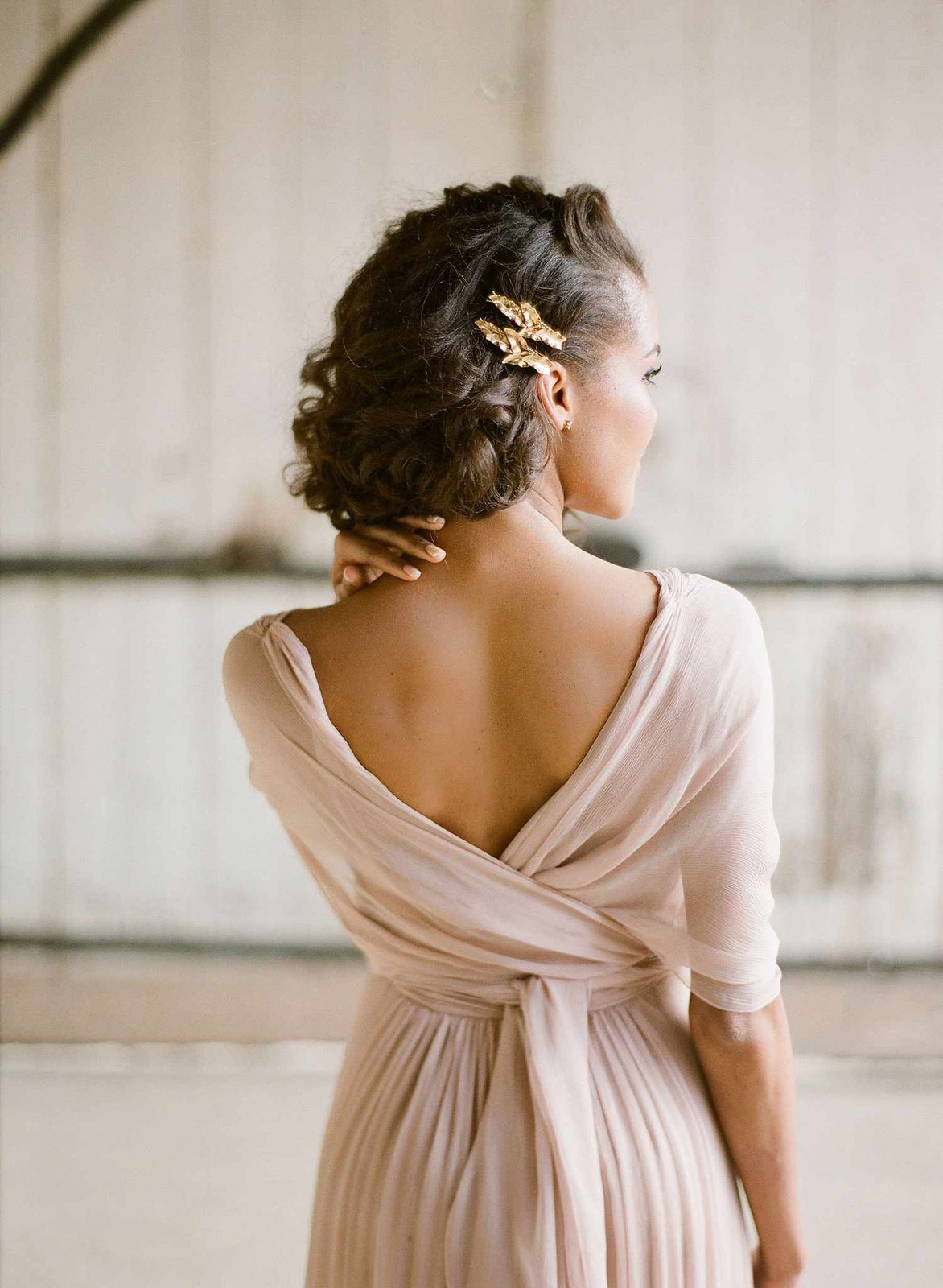 Gold Leaf Decorated Curly Chin Length Updo Gold Leaf Decorated Curly Chin Length Updo — Wedding Guest Hairstyles