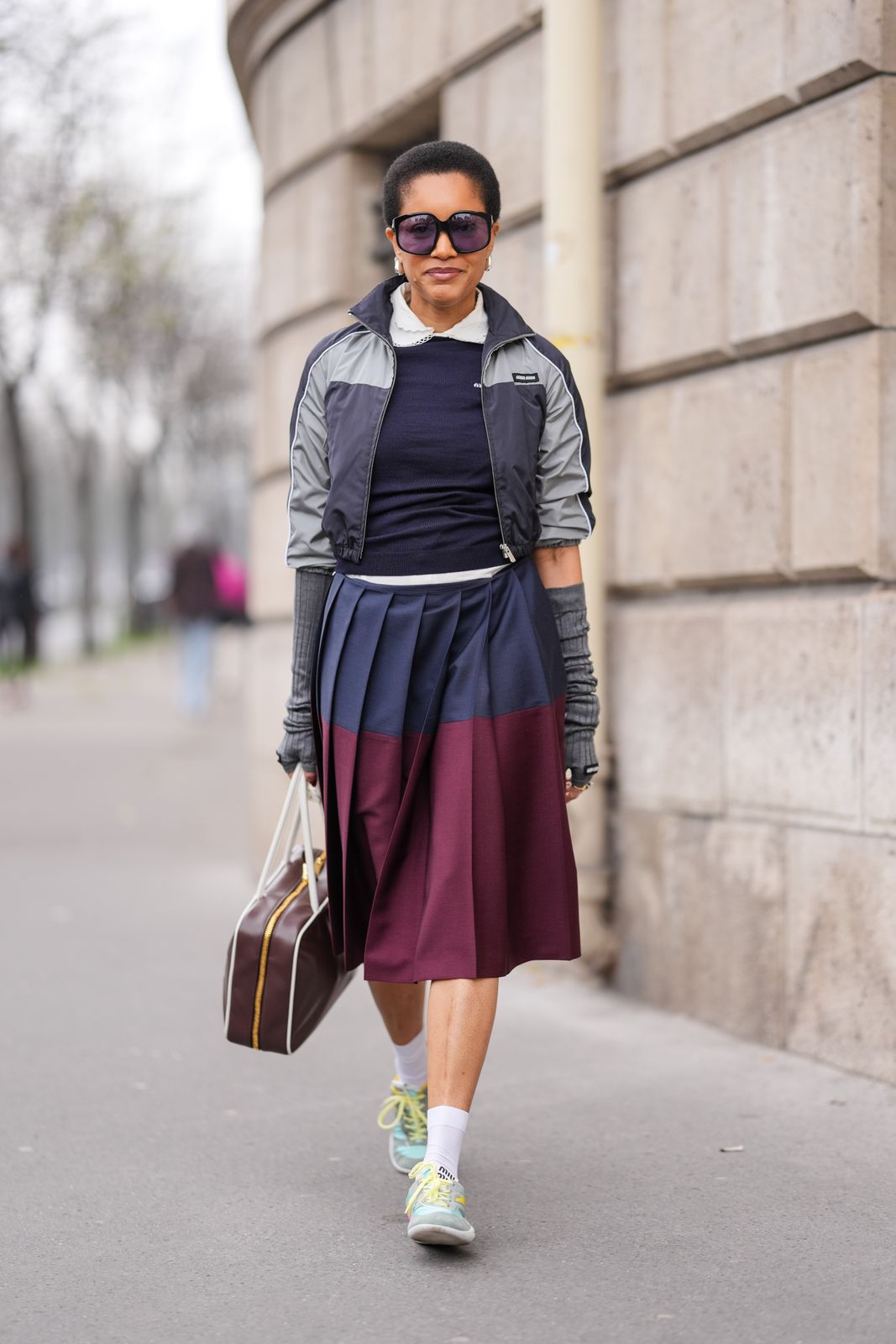 Cropped Track Jacket with Pleated Midi Skirt — Track Jacket Outfits
