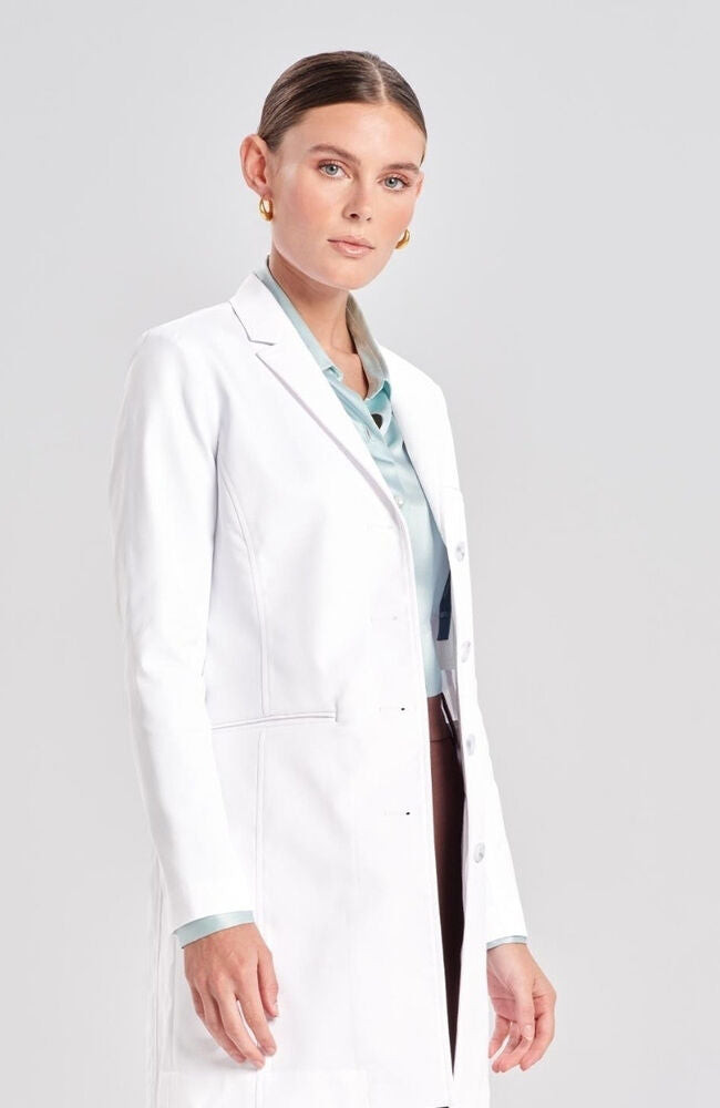 Slim-Fit White Lab Coat Over Light Blue Shirt Slim-Fit White Lab Coat Over Light Blue Shirt — Doctor Outfits Women