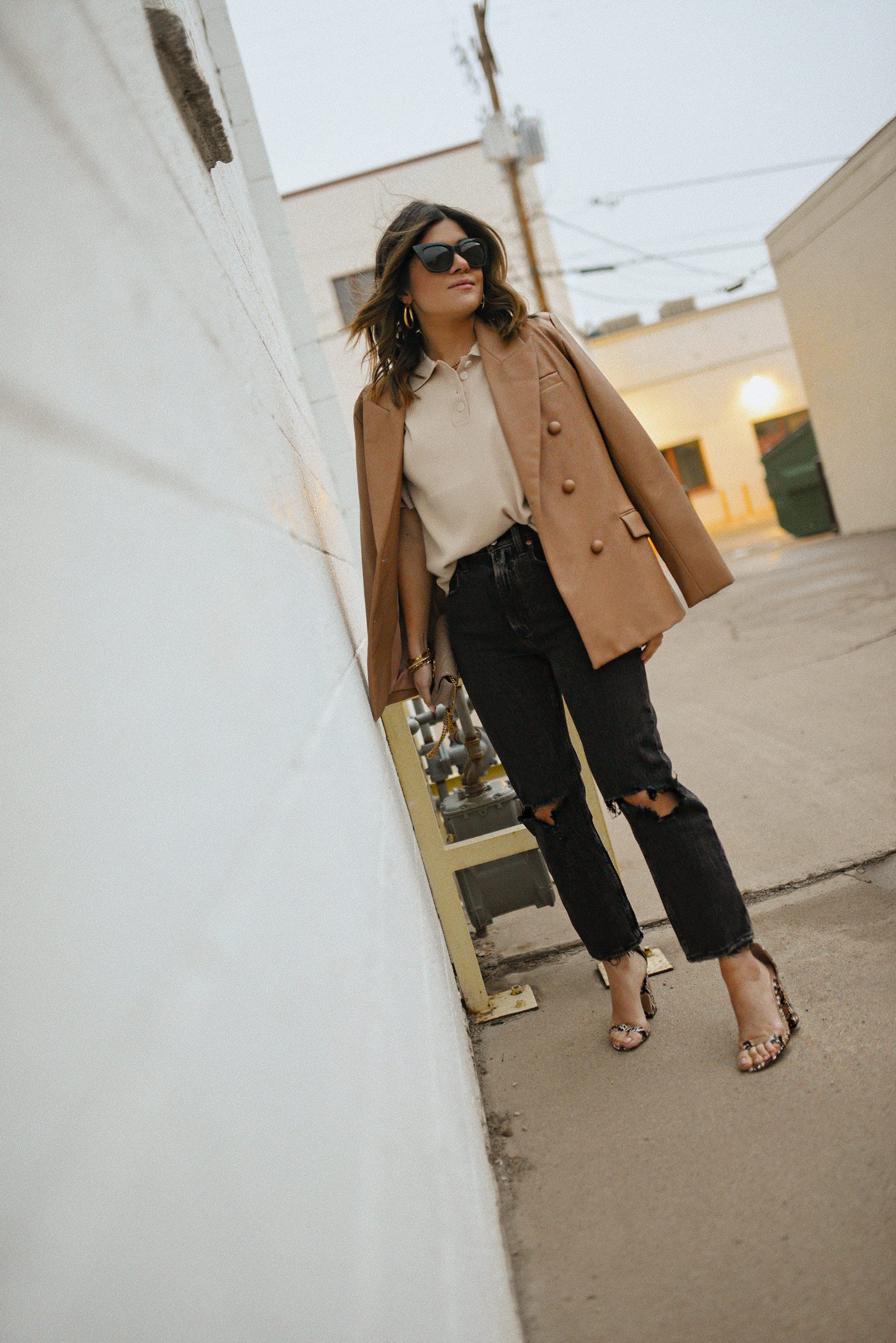 Tan Faux Leather Blazer Over Beige Polo and Distressed Jeans Tan Faux Leather Blazer Over Beige Polo and Distressed Jeans — Neutral Outfits