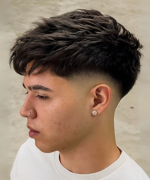 Side-Swept Bangs Visual Idea — Mid Taper Fade