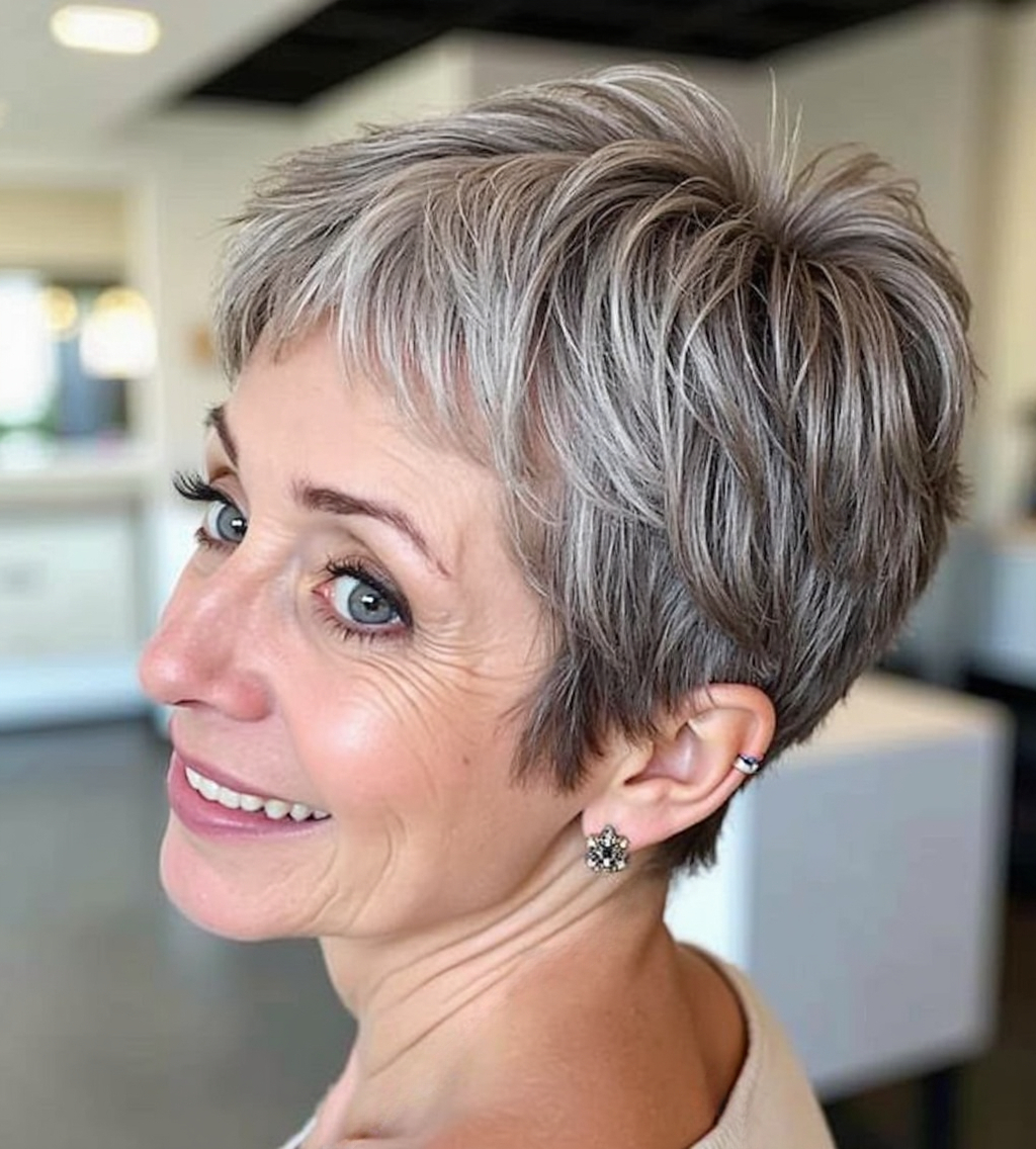 Grey Pixie With Wispy Side Bangs Grey Pixie With Wispy Side Bangs — Short Hair with Bangs
