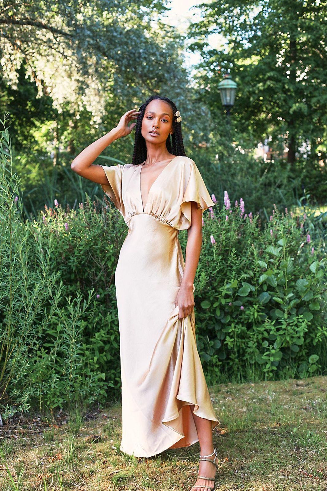 Champagne Satin Maxi Dress with Deep V-Neckline — Rehearsal Dinner Dresses