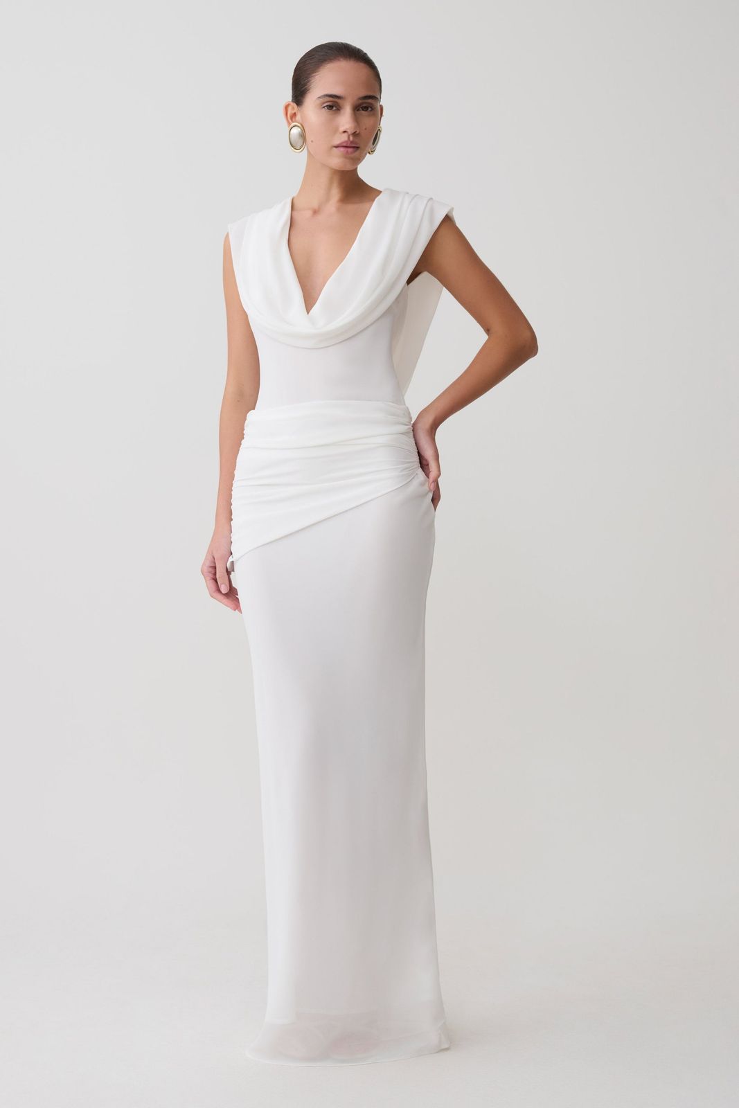 White Draped Chiffon Maxi Dress with Cowl Neckline — Chiffon Dresses