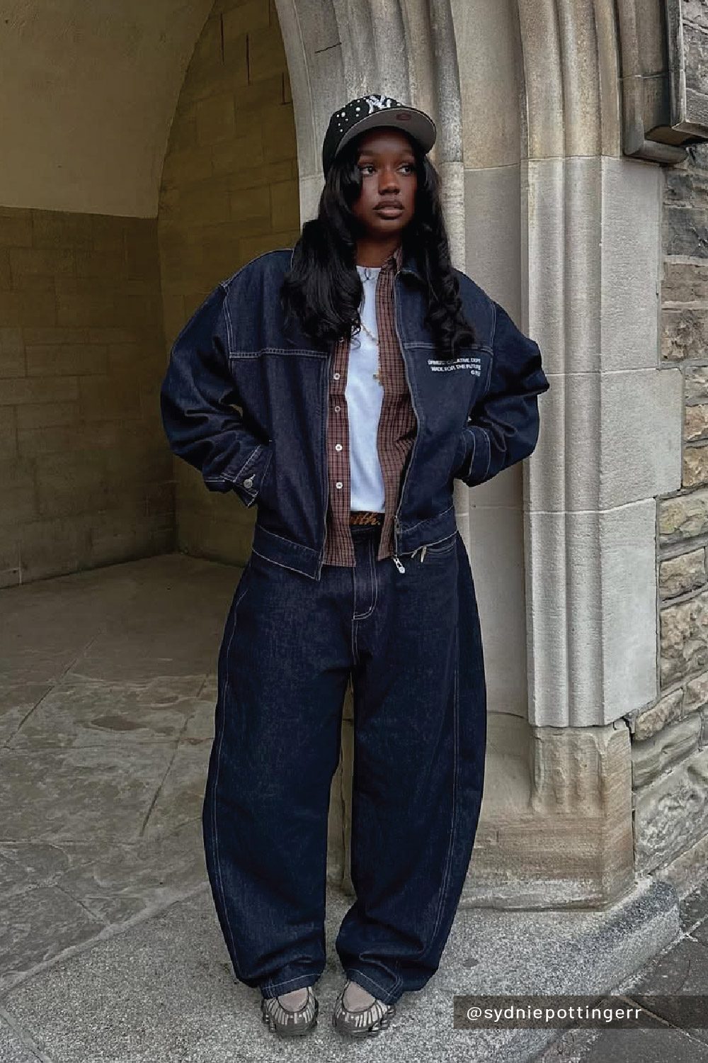 Baggy Dark Wash Jeans and Jacket with Plaid Shirt — Denim Outfits