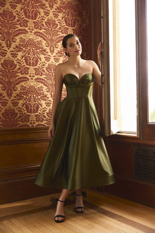 Olive Green Satin Midi Dress with Sweetheart Corset Bodice Olive Green Satin Midi Dress with Sweetheart Corset Bodice — Corset Dresses