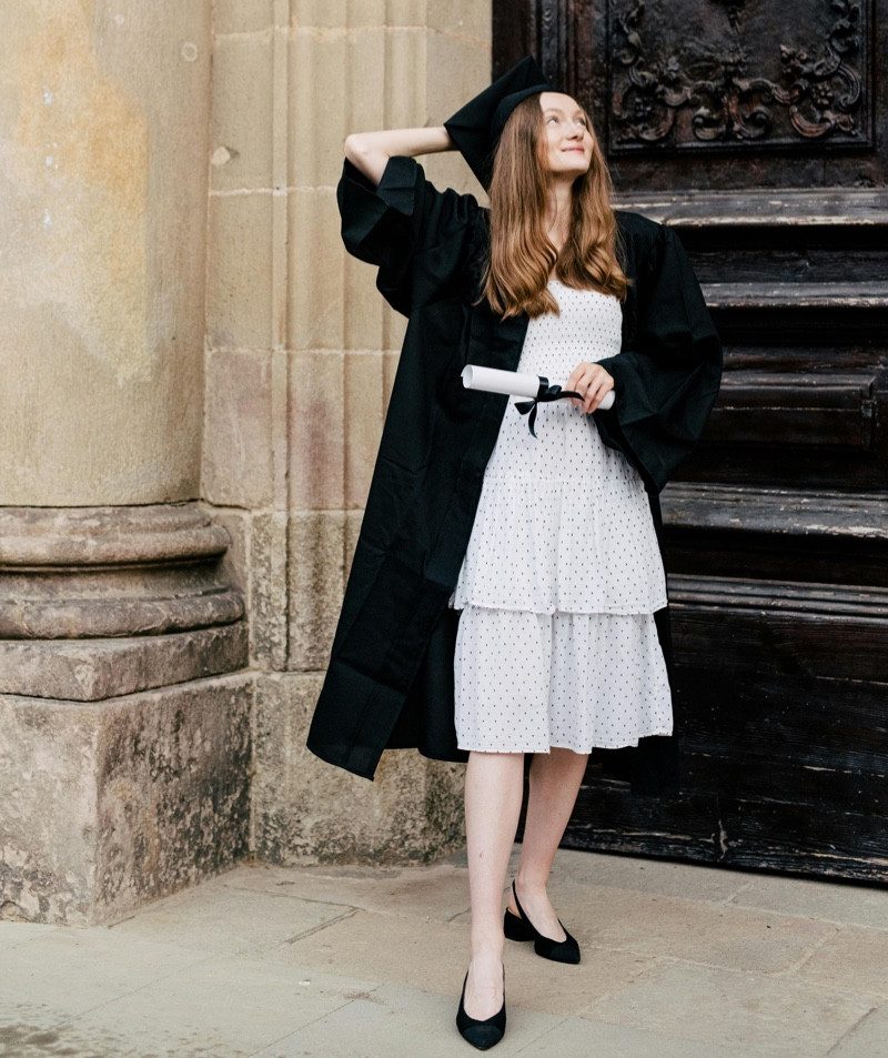 Polka Dot Tiered Dress Under Graduation Attire Polka Dot Tiered Dress Under Graduation Attire — Graduation Outfits