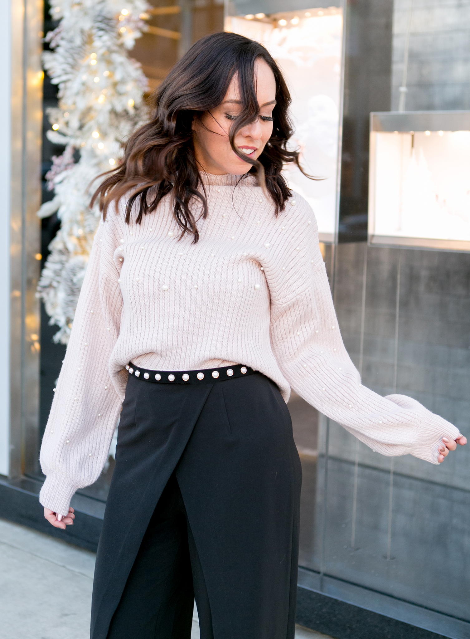Pearl-Embellished Knit Sweater Paired with a Wrap Skirt Pearl-Embellished Knit Sweater Paired with a Wrap Skirt — Shein Outfits
