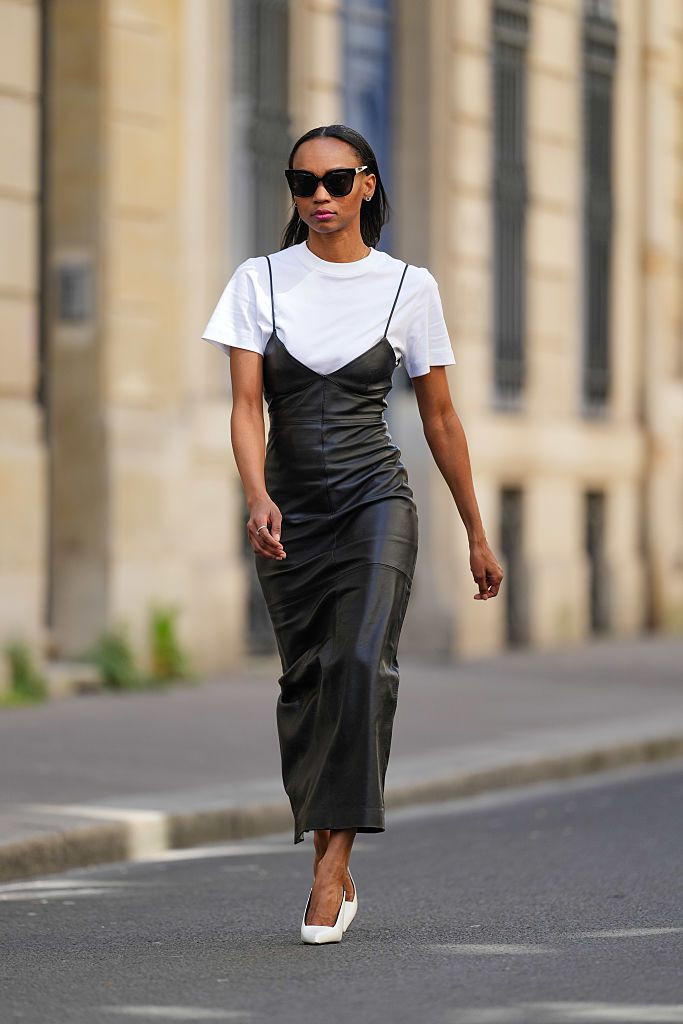 Edgy Texture: Black Leather Slip Dress with White Flats Edgy Texture: Black Leather Slip Dress with White Flats — Slip Dress Over T Shirt