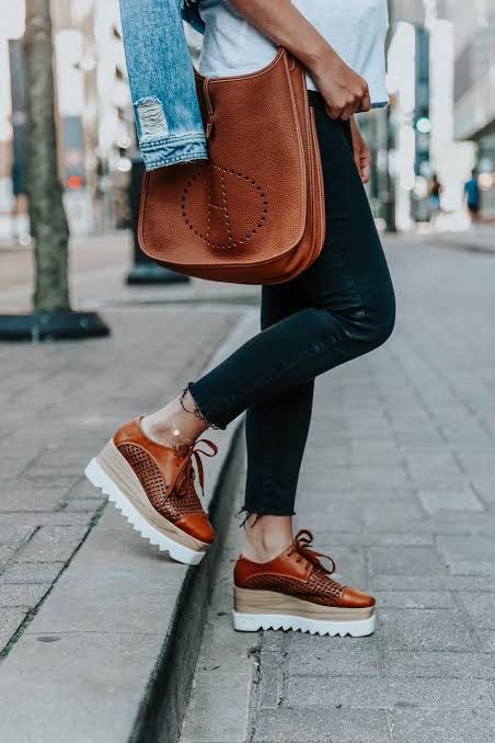 Brown Leather Platforms with Black Pants and Denim Jacket Brown Leather Platforms with Black Pants and Denim Jacket — Platform Sneakers Outfits