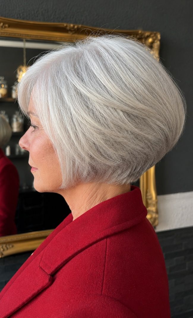 Silver White Stacked Bob with Wispy Bangs